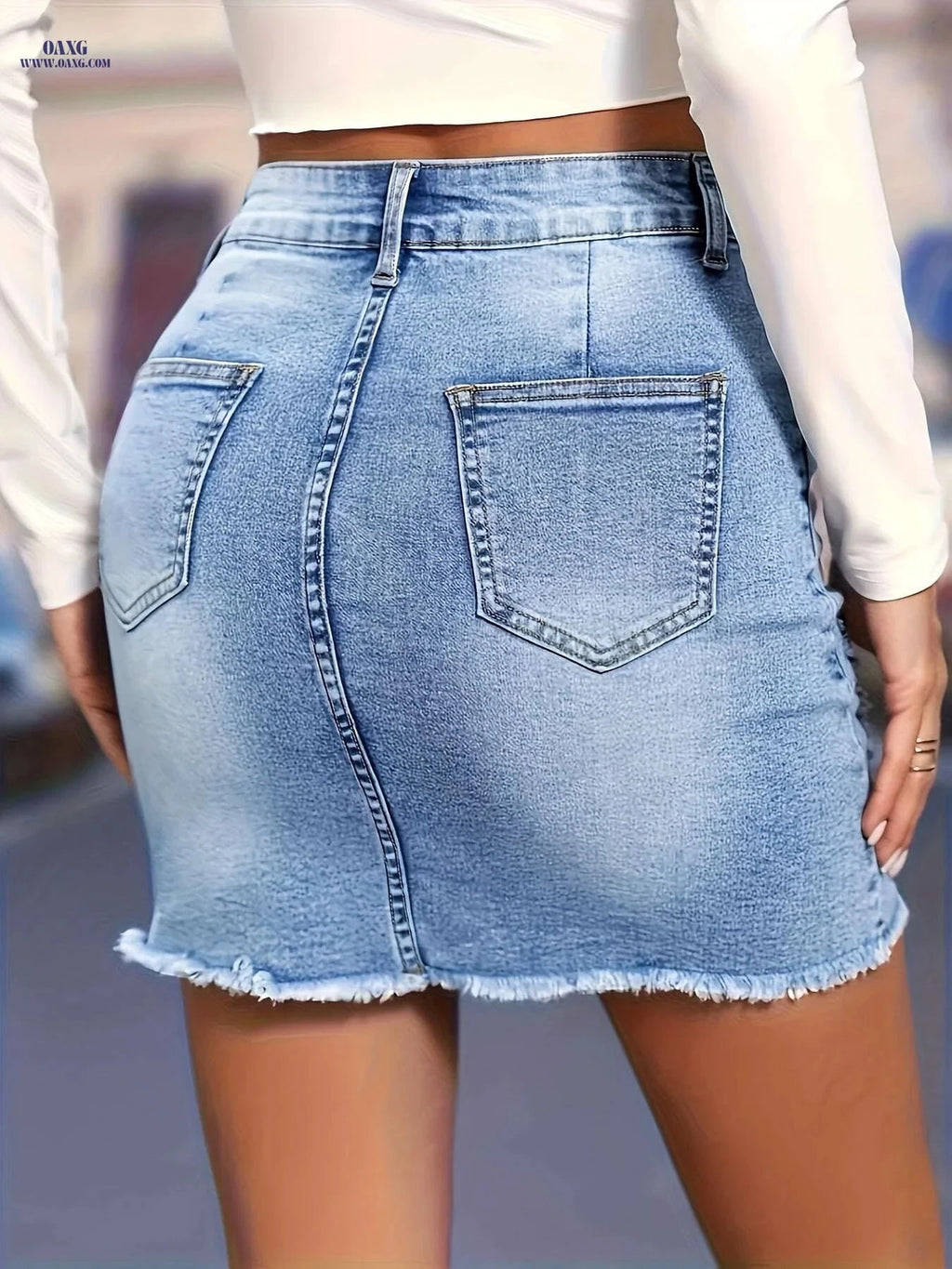 Women's Washed Denim Skirt - A-Line Frayed Hem Casual Summer Style   OAXG 
