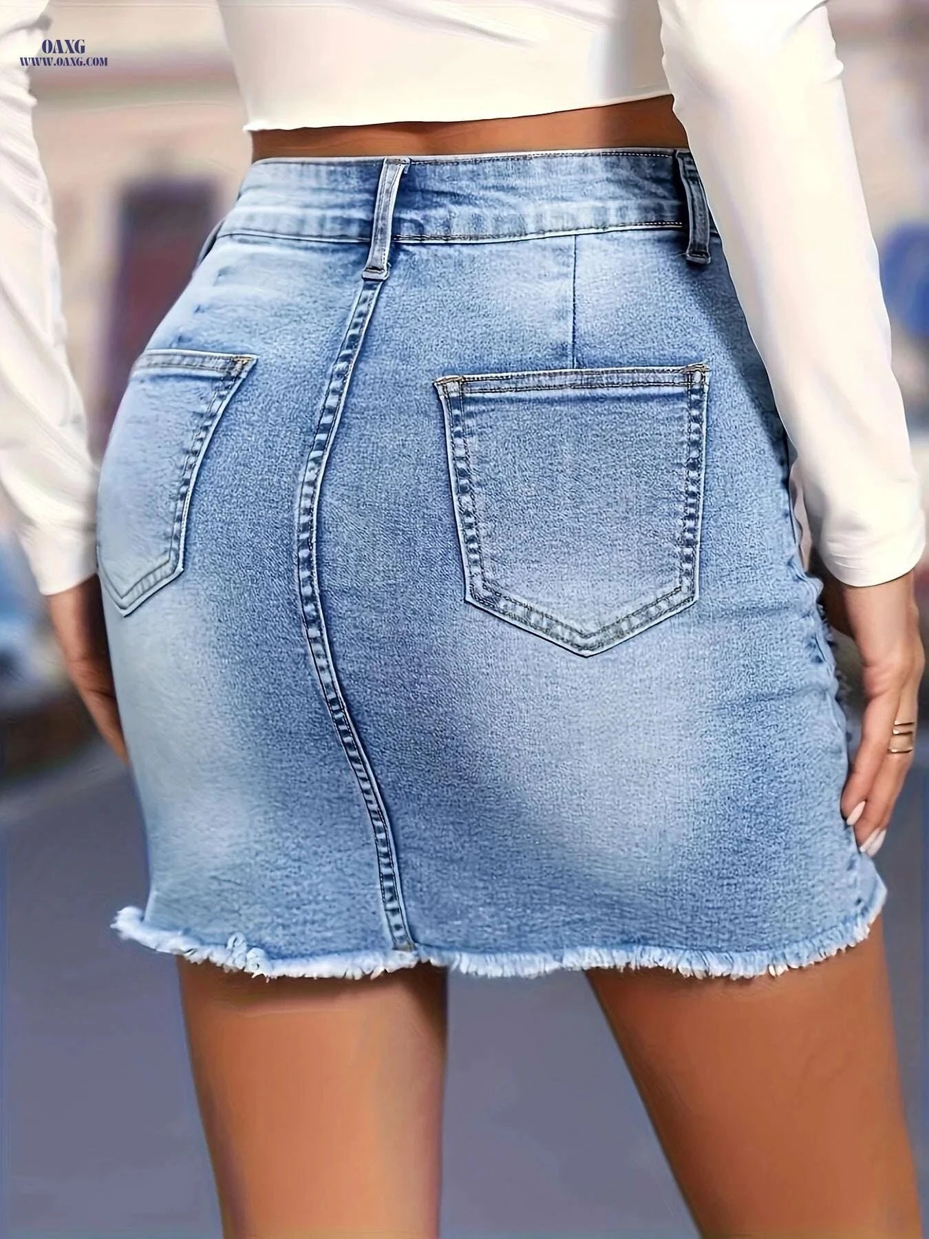 Women's Washed Denim Skirt - A-Line Frayed Hem Casual Summer Style   OAXG 