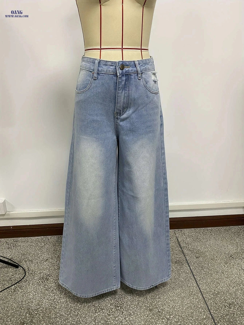 Women's Water-Washed Blue Wide-Leg Jeans - Distressed Casual Style   OAXG 