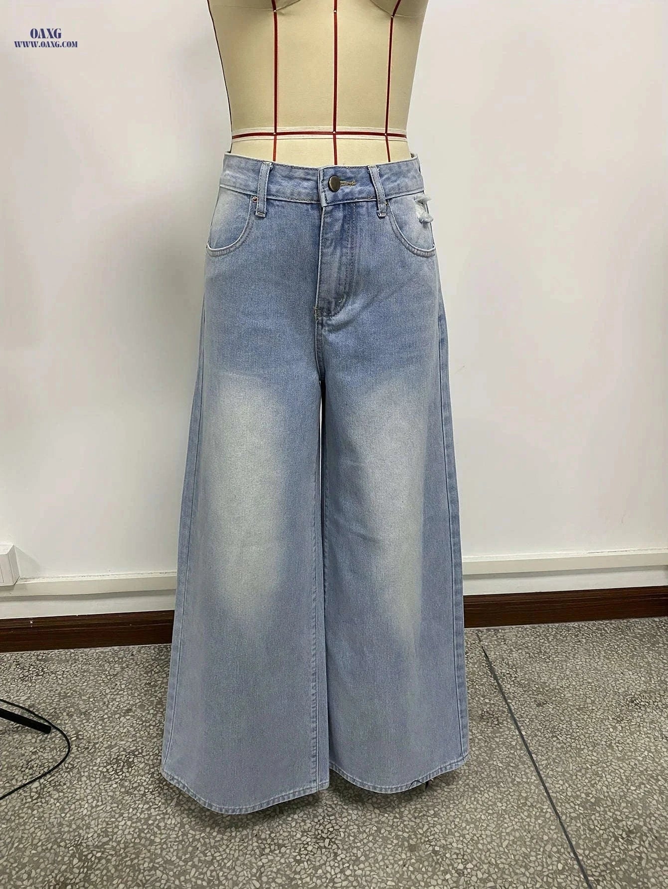 Women's Water-Washed Blue Wide-Leg Jeans - Distressed Casual Style   OAXG 