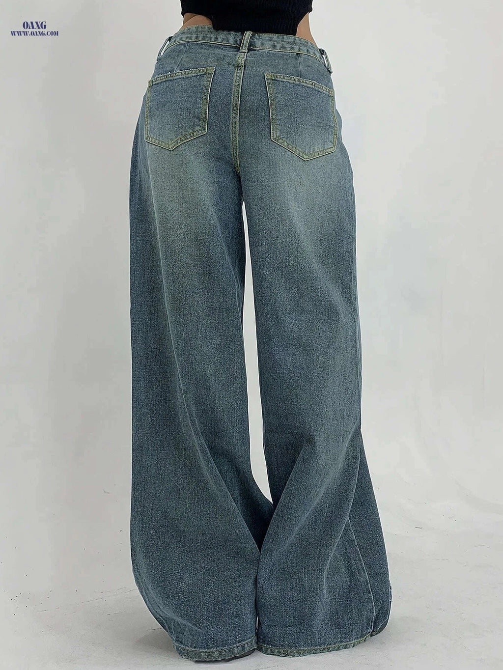 Women's Water-Washed Blue Wide-Leg Jeans - Distressed Casual Style   OAXG 