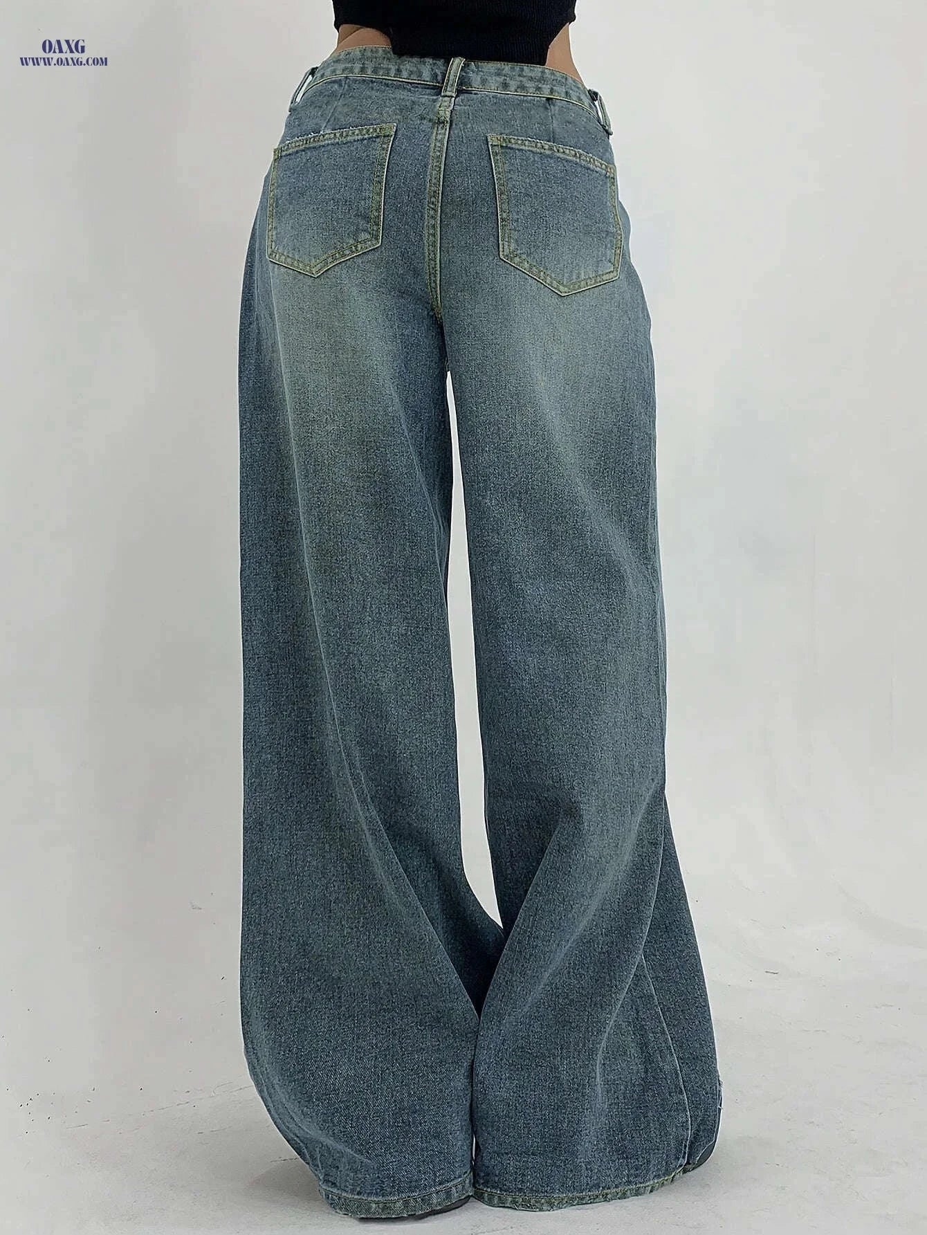 Women's Water-Washed Blue Wide-Leg Jeans - Distressed Casual Style   OAXG 