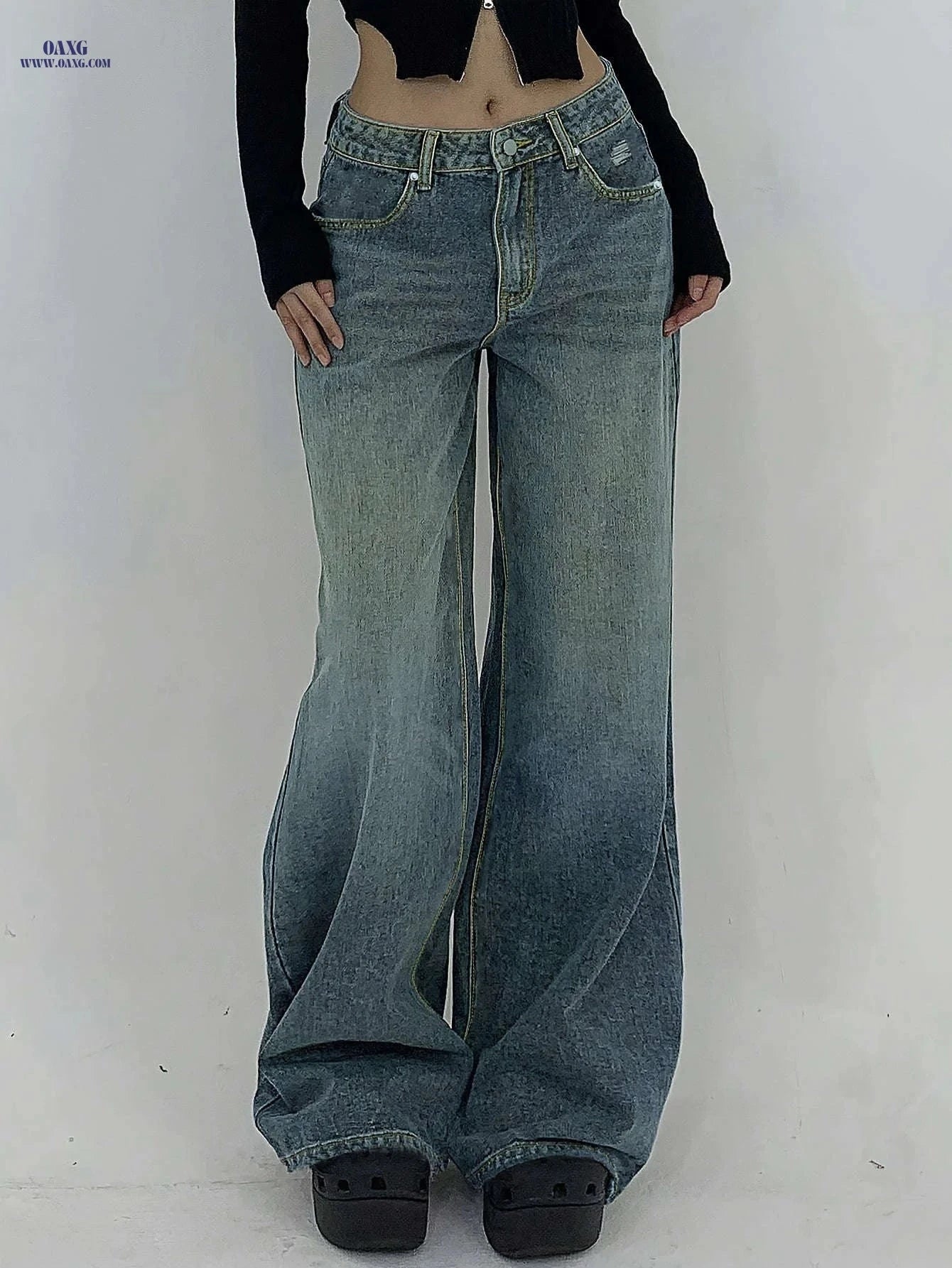 Women's Water-Washed Blue Wide-Leg Jeans - Distressed Casual Style   OAXG Sea Blue / XS