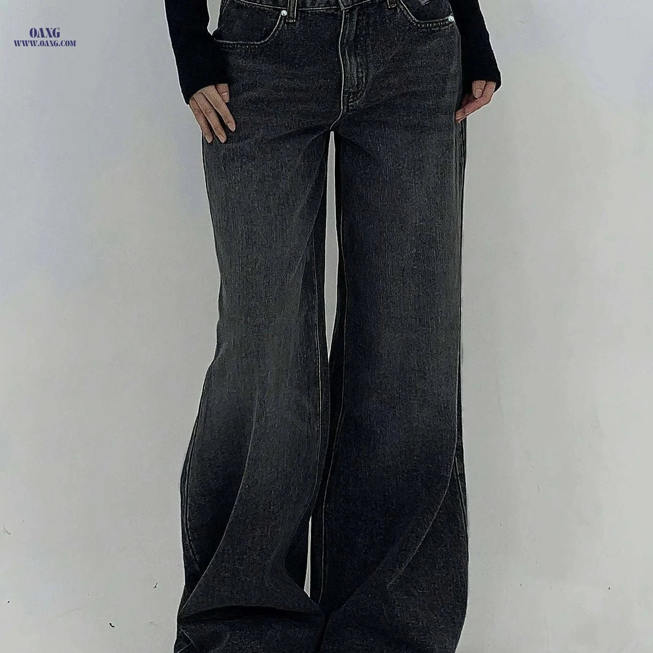 Women's Water-Washed Blue Wide-Leg Jeans - Distressed Casual Style   OAXG Sea Blue / XS