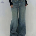 Women's Water-Washed Blue Wide-Leg Jeans - Distressed Casual Style   OAXG Sea Blue / XS
