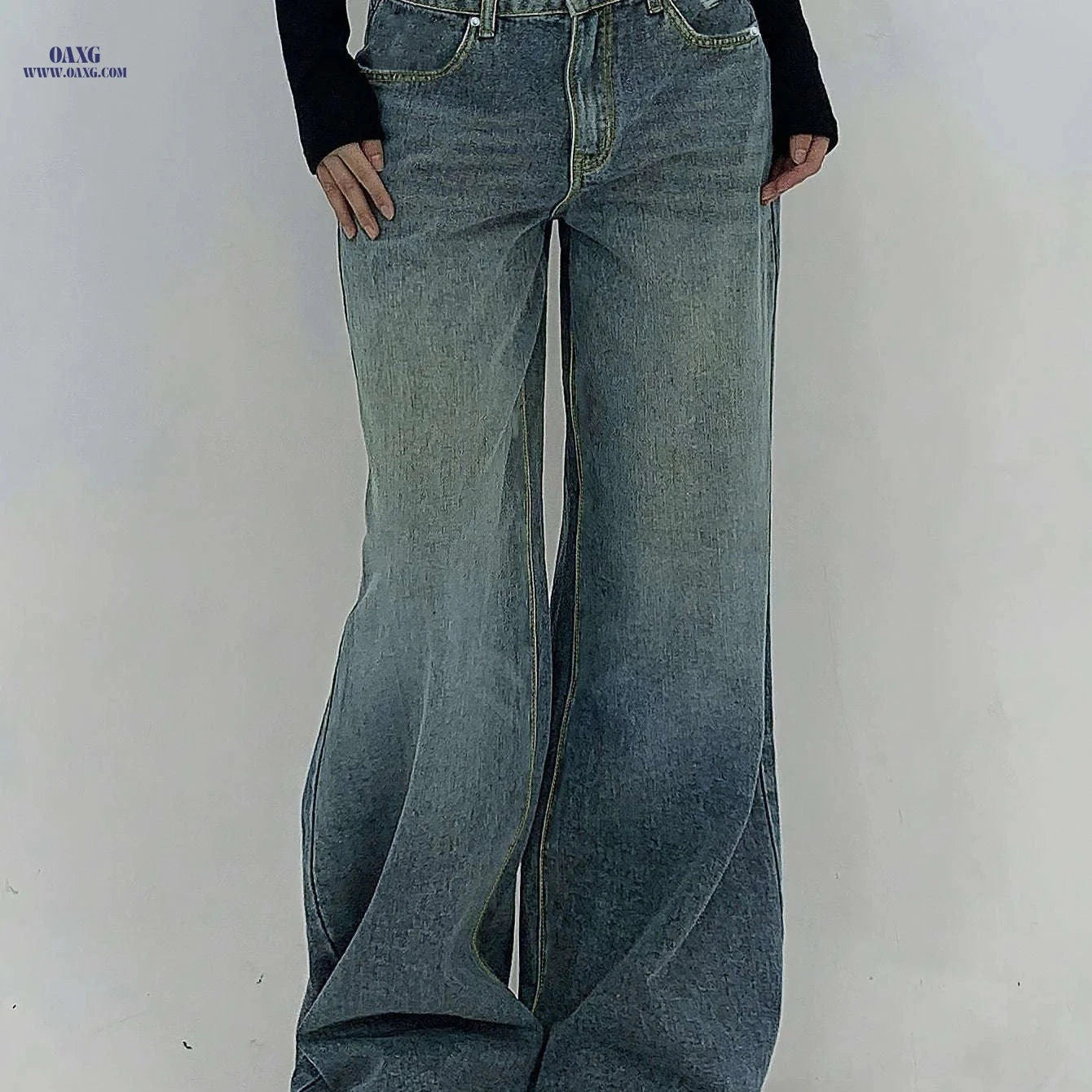 Women's Water-Washed Blue Wide-Leg Jeans - Distressed Casual Style   OAXG Sea Blue / XS