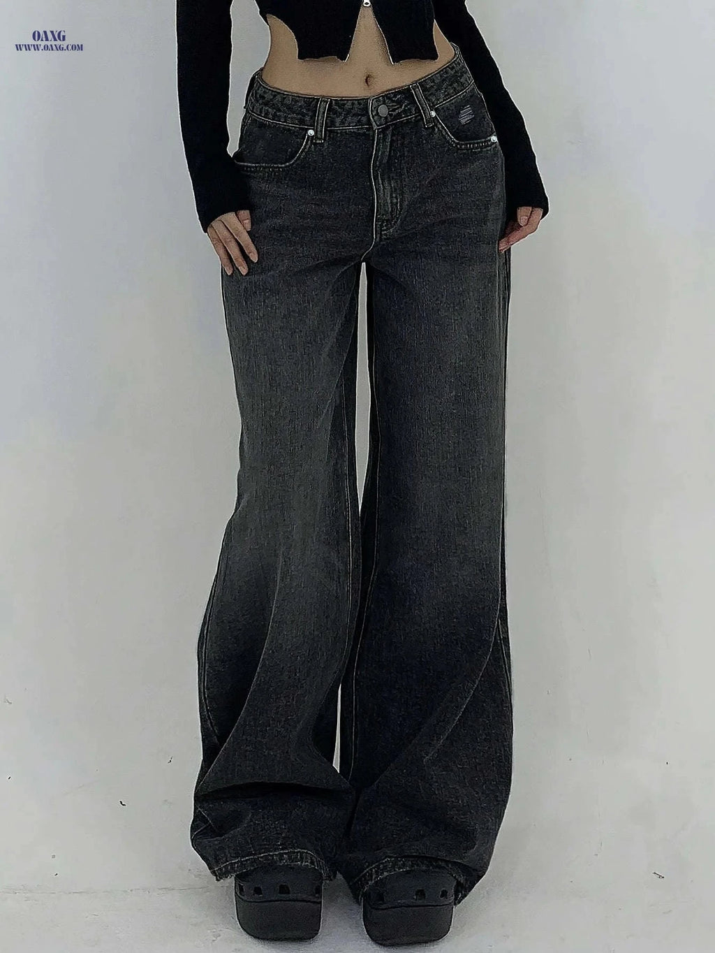 Women's Water-Washed Blue Wide-Leg Jeans - Distressed Casual Style   OAXG Sea Blue / XS