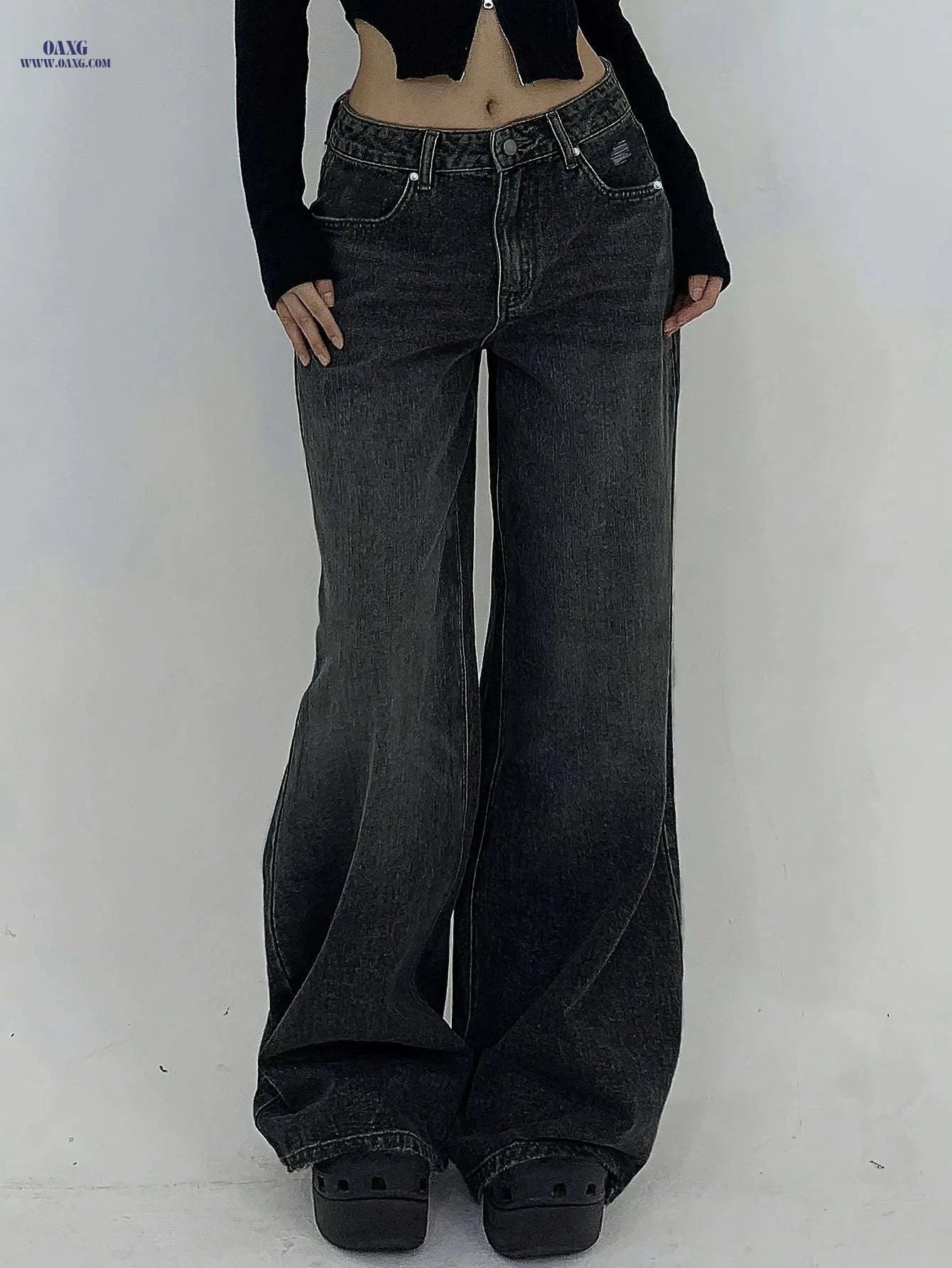 Women's Water-Washed Blue Wide-Leg Jeans - Distressed Casual Style   OAXG Sea Blue / XS