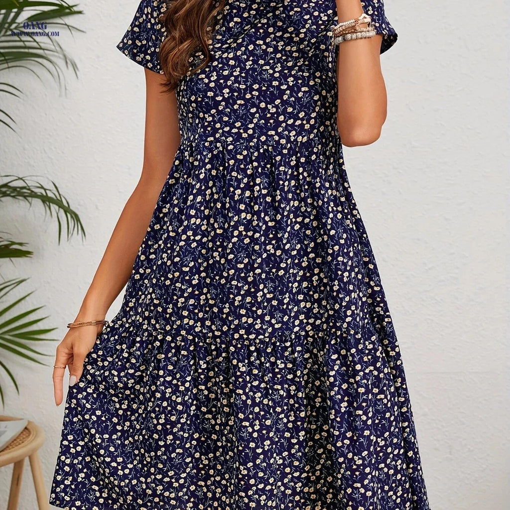 Women's Wavy Floral Dress - Knee High, Elegant Spring/Summer Style   OAXG 