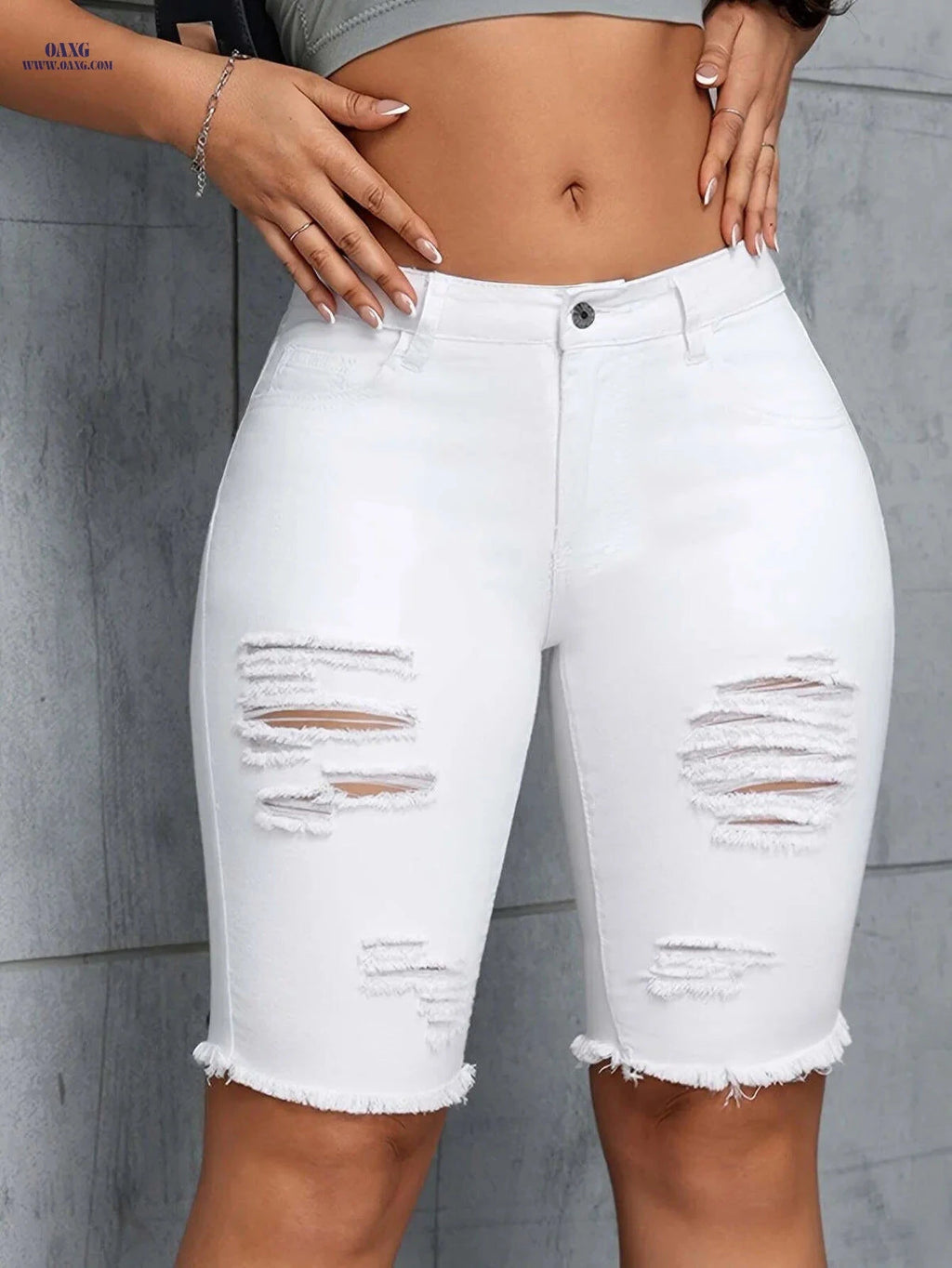 Women's White Stretchy Skinny Ripped Hem Denim Shorts - Casual Style   OAXG 