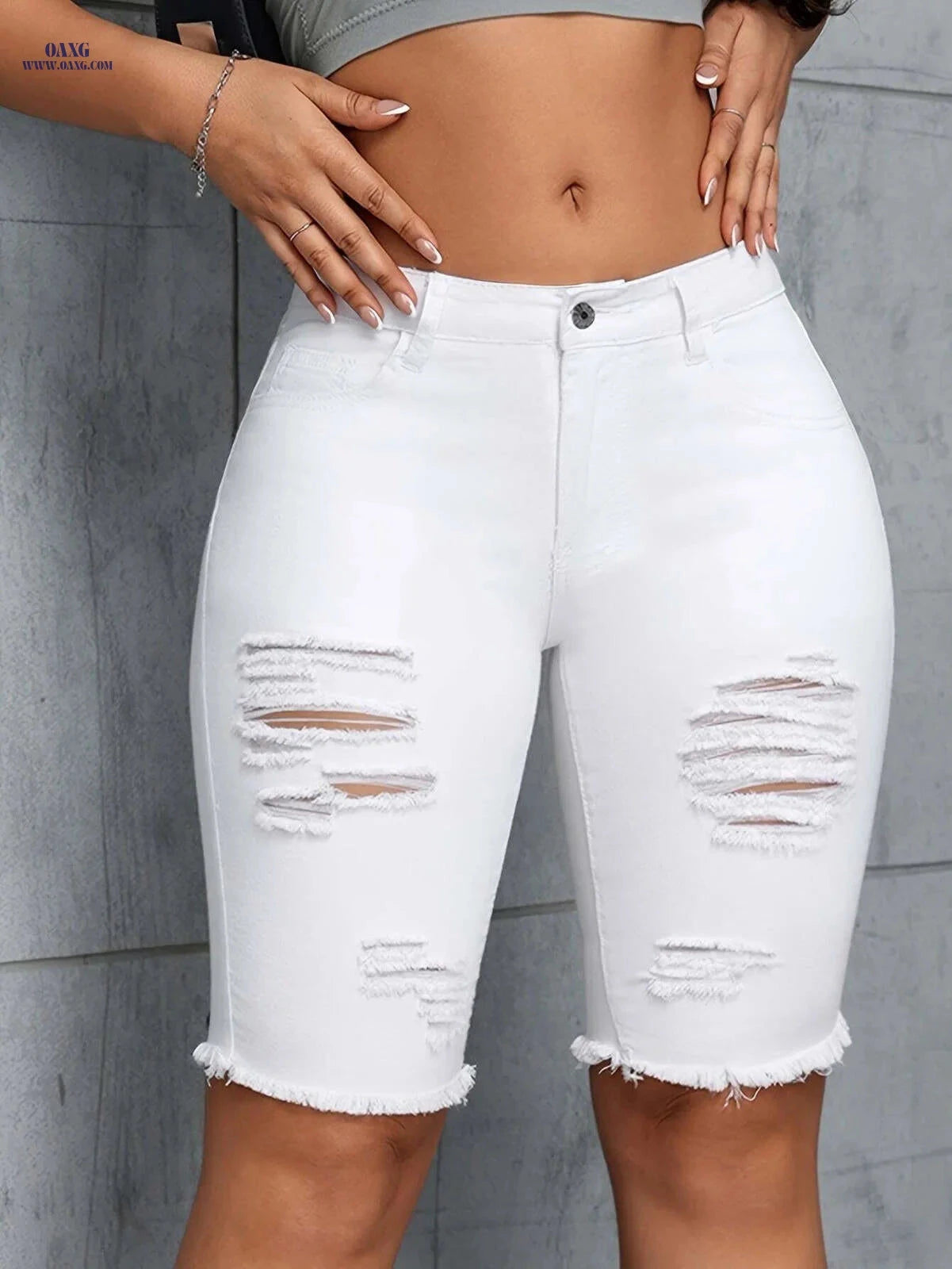 Women's White Stretchy Skinny Ripped Hem Denim Shorts - Casual Style   OAXG 