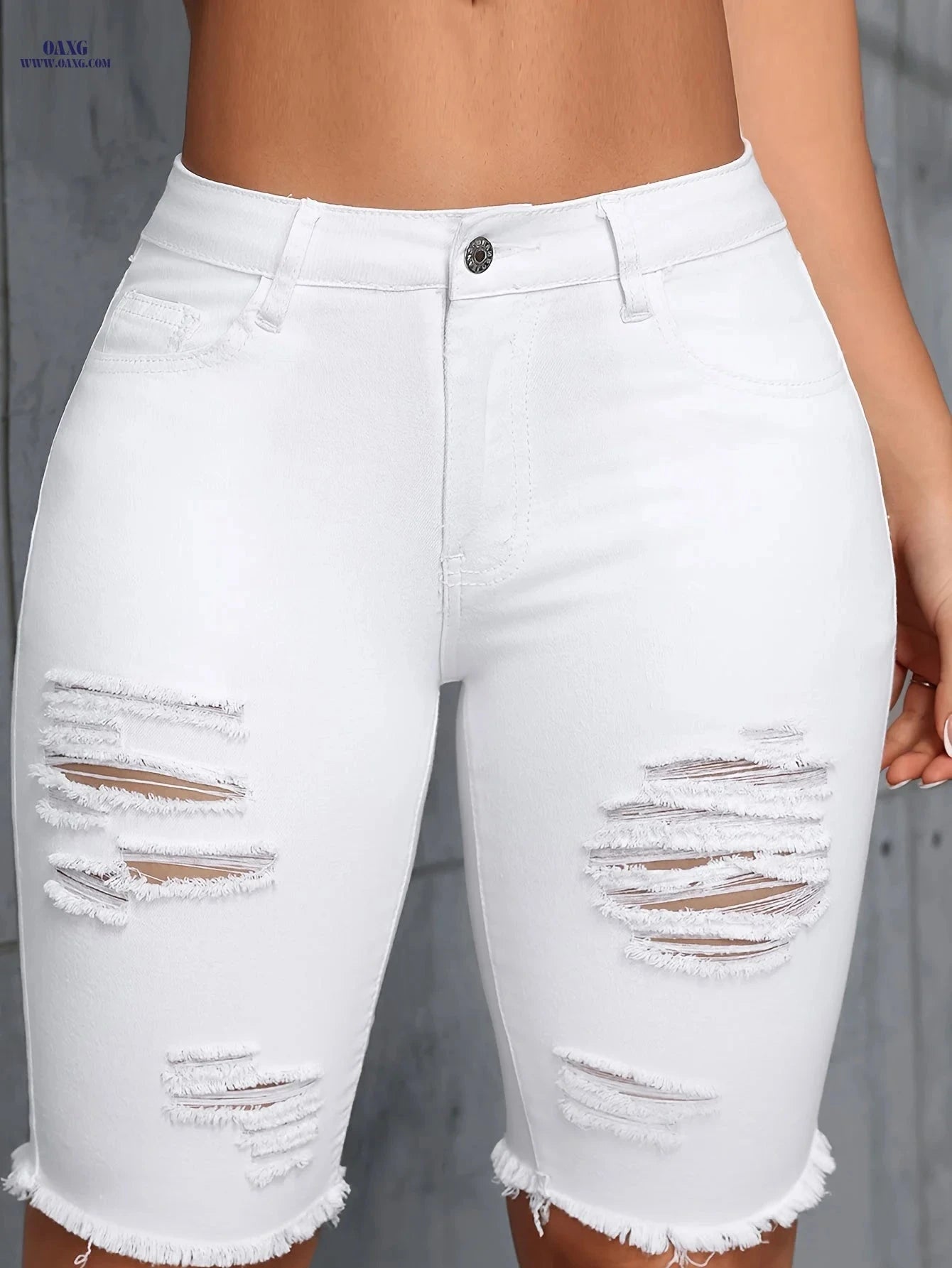 Women's White Stretchy Skinny Ripped Hem Denim Shorts - Casual Style   OAXG 