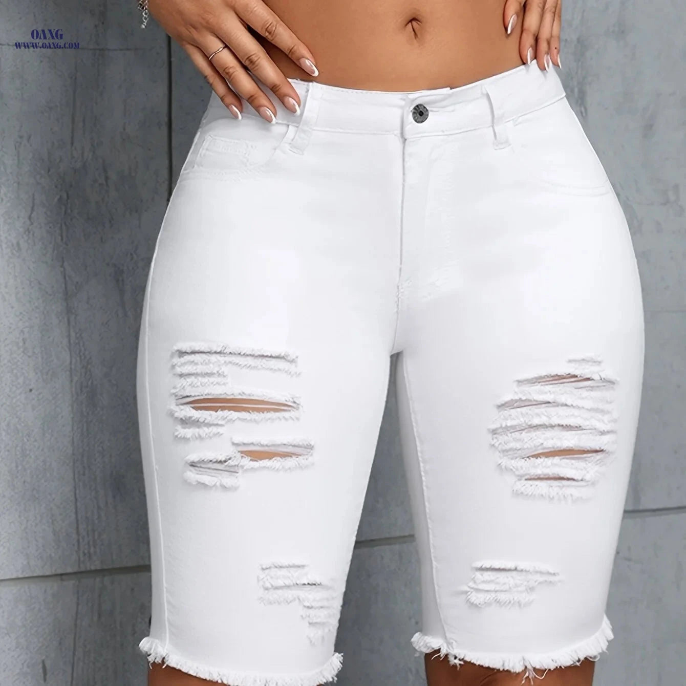 Women's White Stretchy Skinny Ripped Hem Denim Shorts - Casual Style   OAXG 