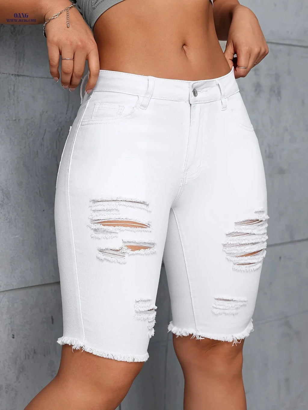 Women's White Stretchy Skinny Ripped Hem Denim Shorts - Casual Style   OAXG 