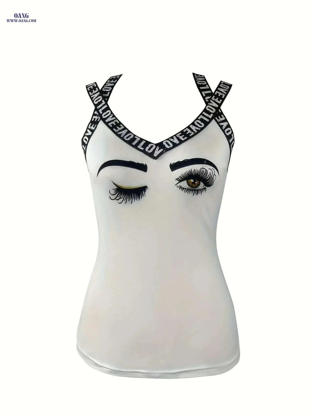 Women's White V-Neck Tank Top - Eyeletash Graphic & Breathable Fabric   OAXG 