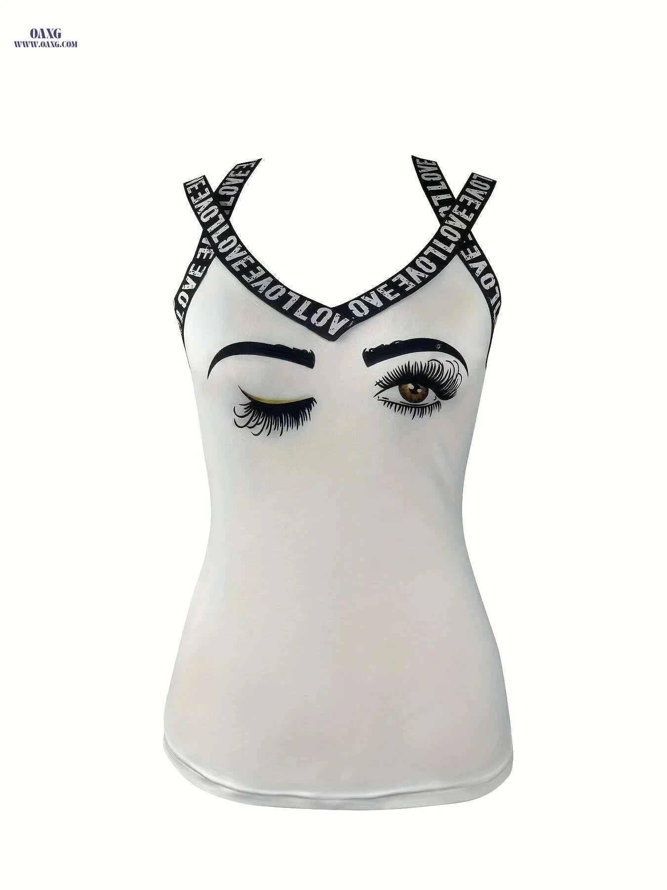 Women's White V-Neck Tank Top - Eyeletash Graphic & Breathable Fabric   OAXG 