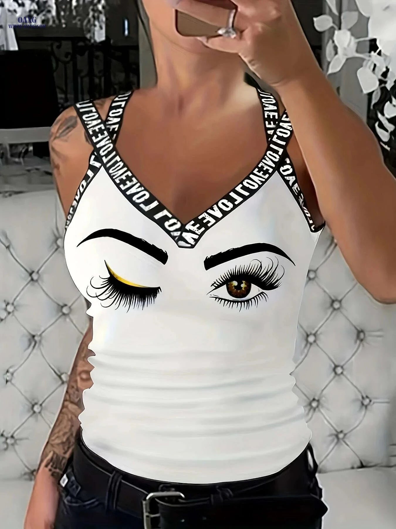 Women's White V-Neck Tank Top - Eyeletash Graphic & Breathable Fabric   OAXG Black / S
