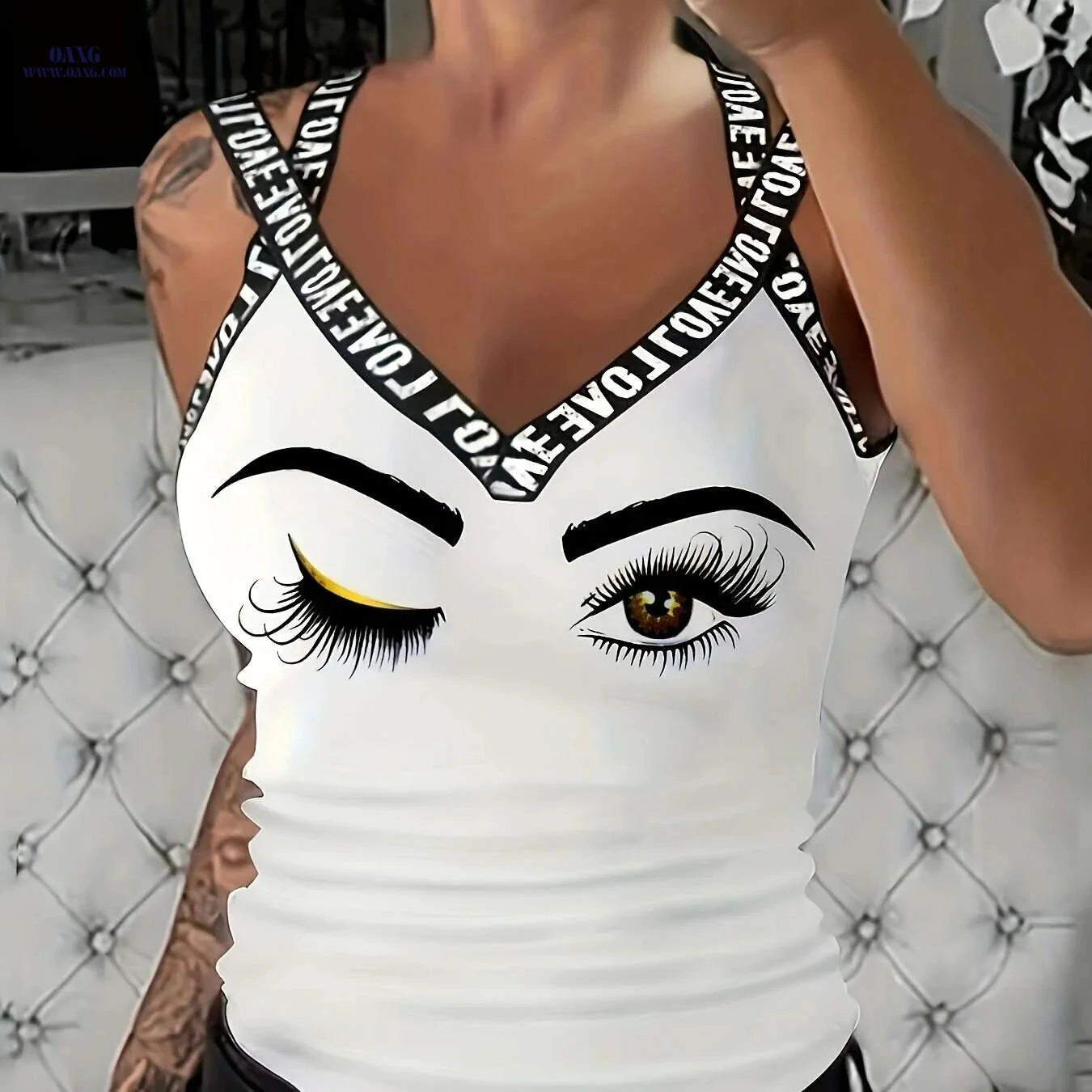 Women's White V-Neck Tank Top - Eyeletash Graphic & Breathable Fabric   OAXG Black / S