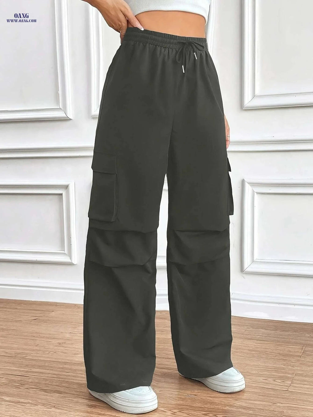 Women's Wide-Leg Black Trousers - Wrinkle-Resistant & Stylish   OAXG 
