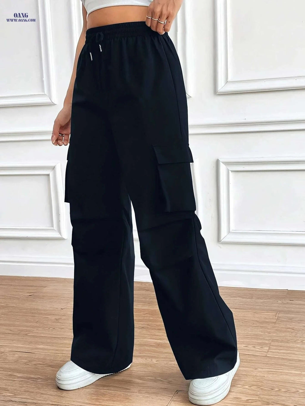 Women's Wide-Leg Black Trousers - Wrinkle-Resistant & Stylish   OAXG 
