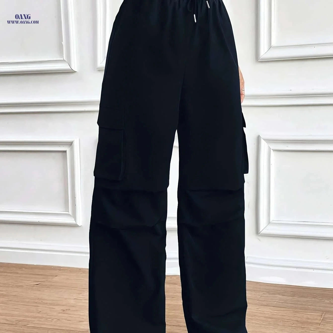 Women's Wide-Leg Black Trousers - Wrinkle-Resistant & Stylish   OAXG 