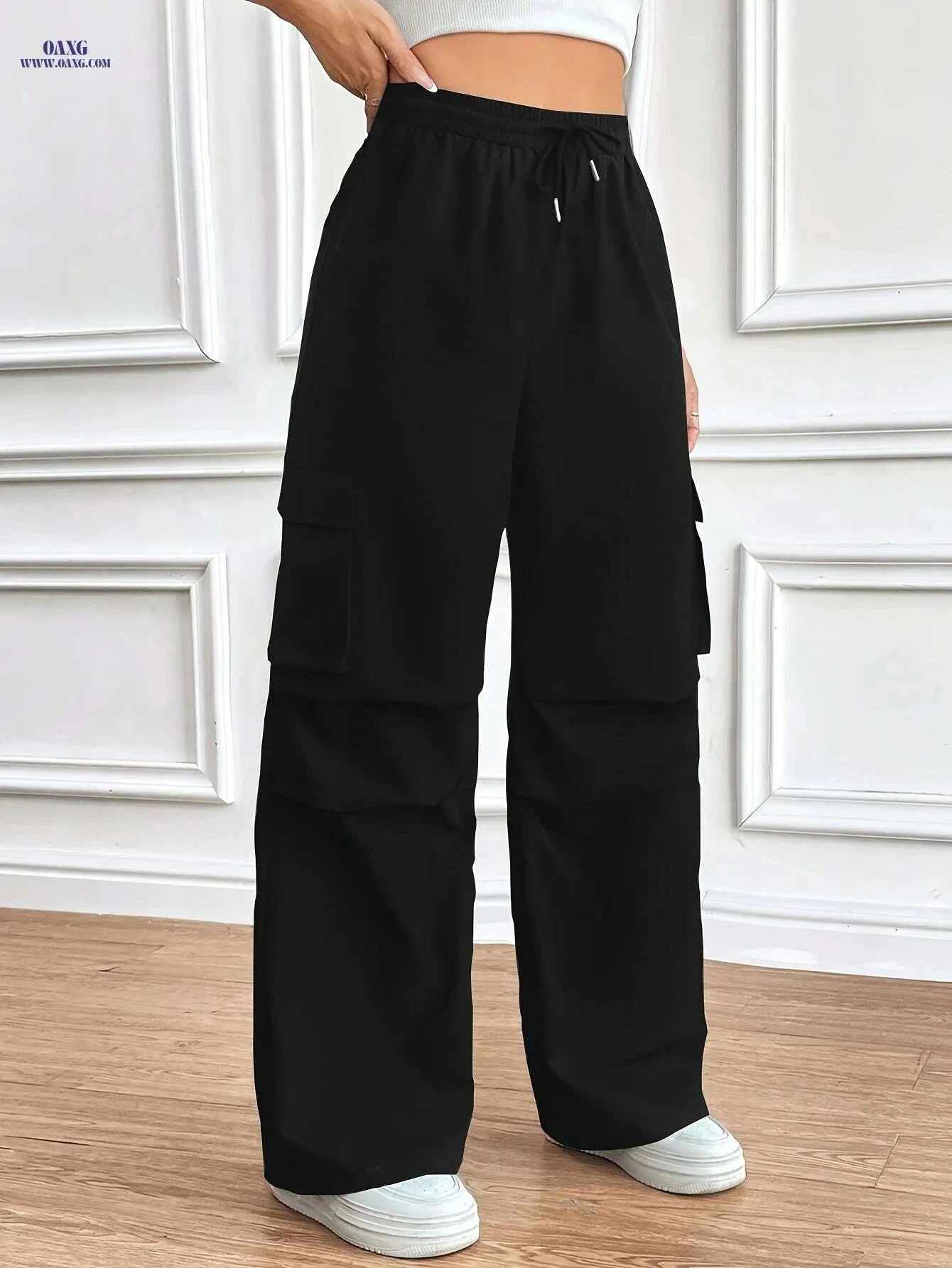 Women's Wide-Leg Black Trousers - Wrinkle-Resistant & Stylish   OAXG Black / XS