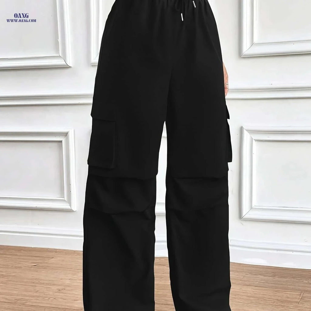 Women's Wide-Leg Black Trousers - Wrinkle-Resistant & Stylish   OAXG 