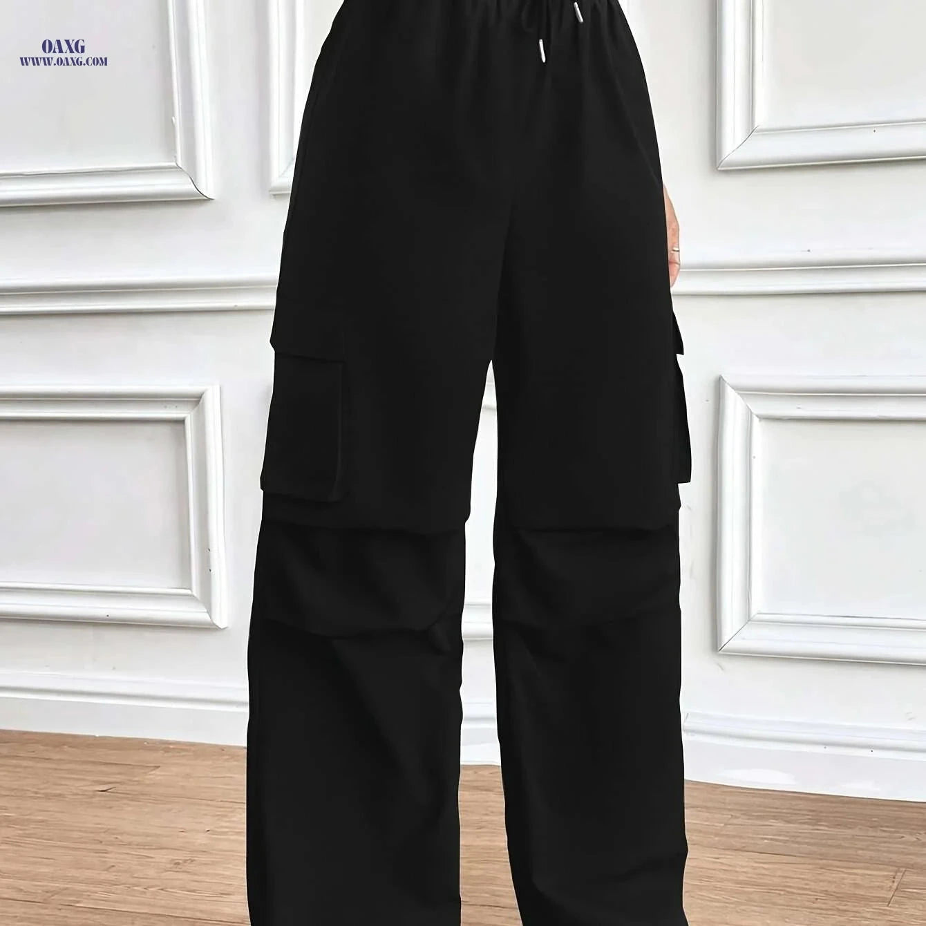 Women's Wide-Leg Black Trousers - Wrinkle-Resistant & Stylish   OAXG 