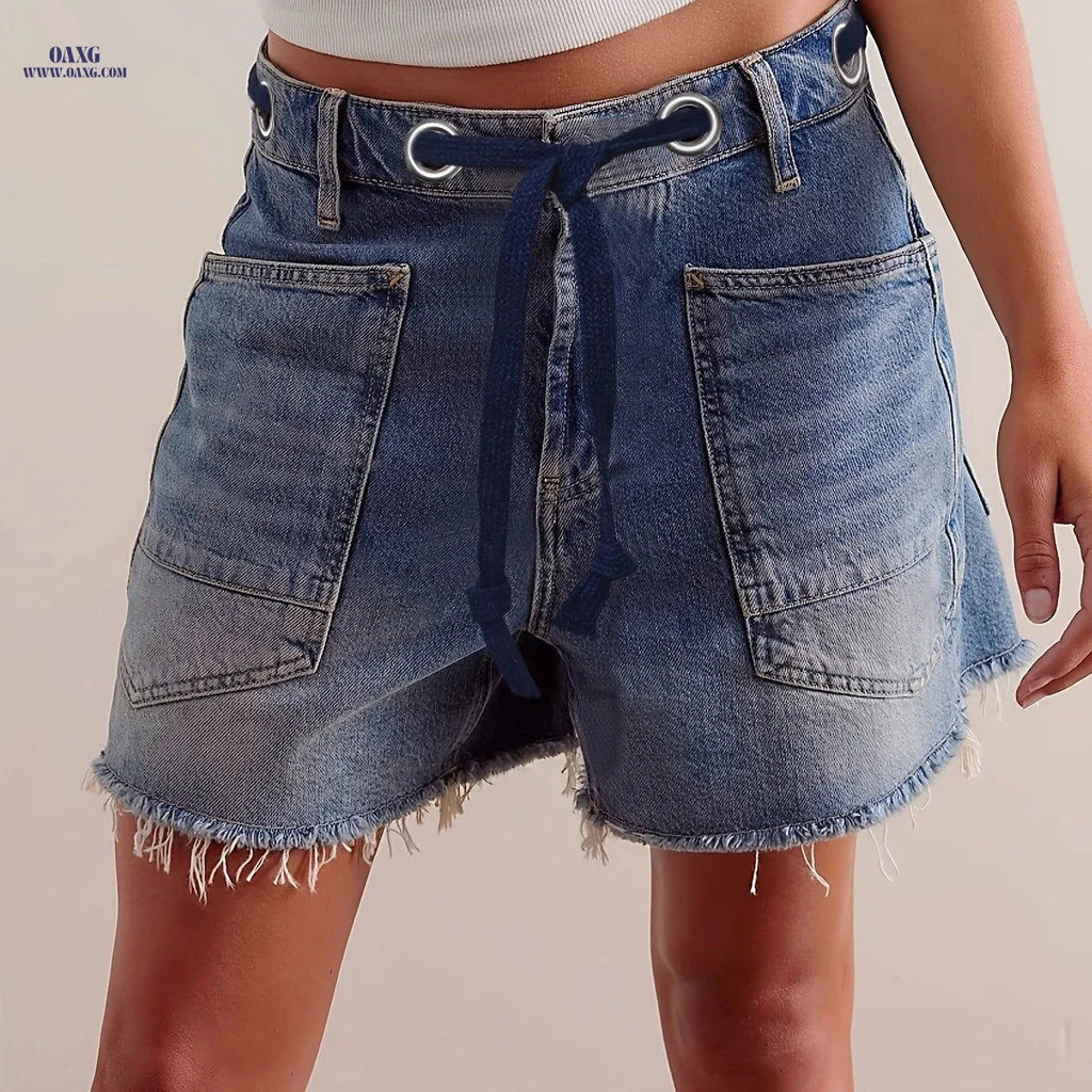 Women's Wide-Leg Denim Shorts - Elastic Drawstring, Light Blue Wash   OAXG 