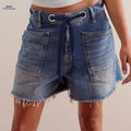 Women's Wide-Leg Denim Shorts - Elastic Drawstring, Light Blue Wash   OAXG 