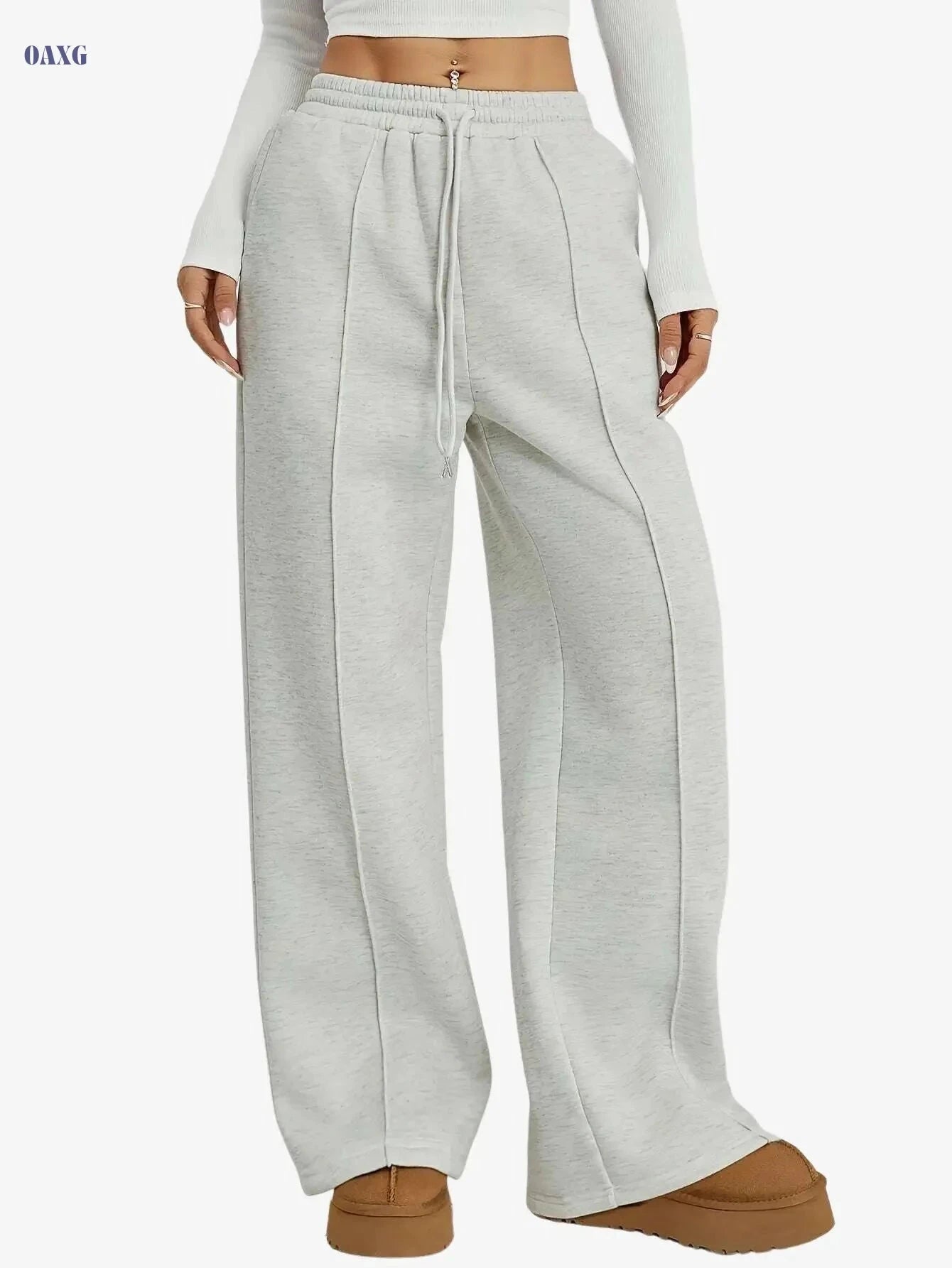 Women's Wide-Leg Trousers - Casual Elastic Waist & Belt, Black/White   OAXG 