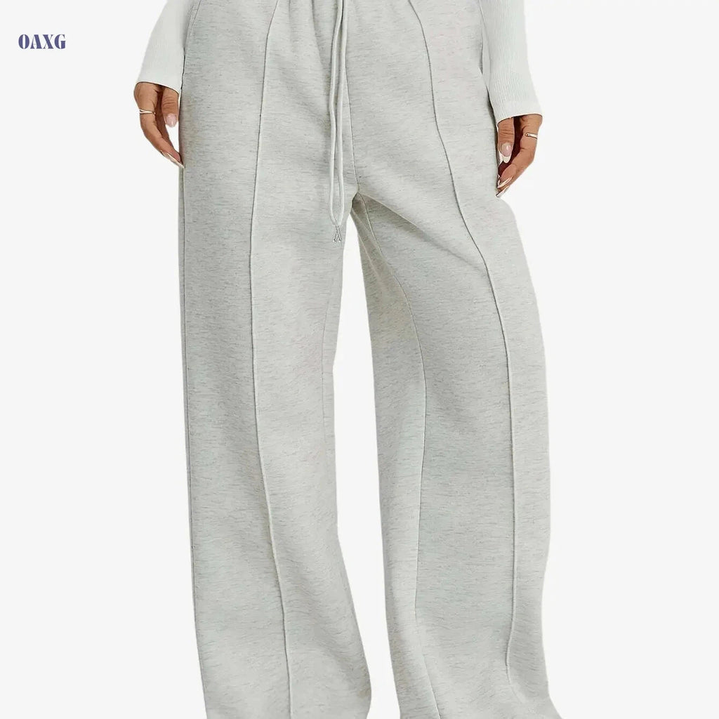 Women's Wide-Leg Trousers - Casual Elastic Waist & Belt, Black/White   OAXG Light Grey / XS