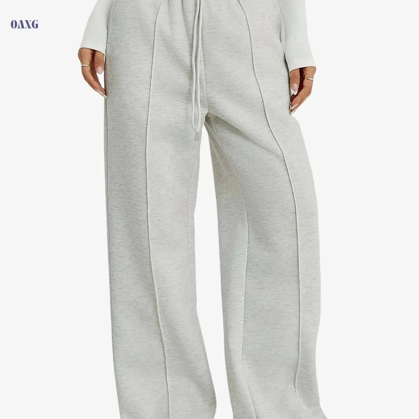 Women's Wide-Leg Trousers - Casual Elastic Waist & Belt, Black/White   OAXG Light Grey / XS