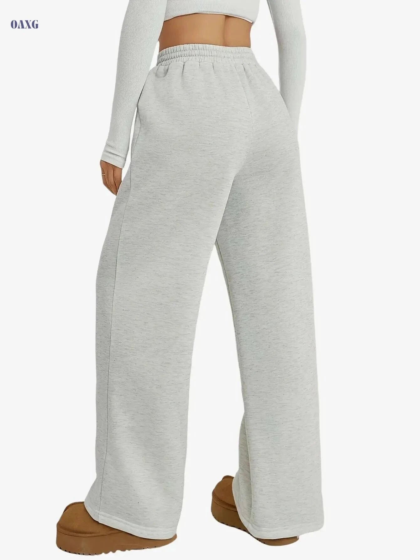 Women's Wide-Leg Trousers - Casual Elastic Waist & Belt, Black/White   OAXG Light Grey / XS