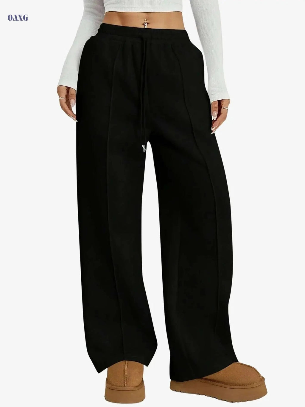 Women's Wide-Leg Trousers - Casual Elastic Waist & Belt, Black/White   OAXG Light Grey / XS