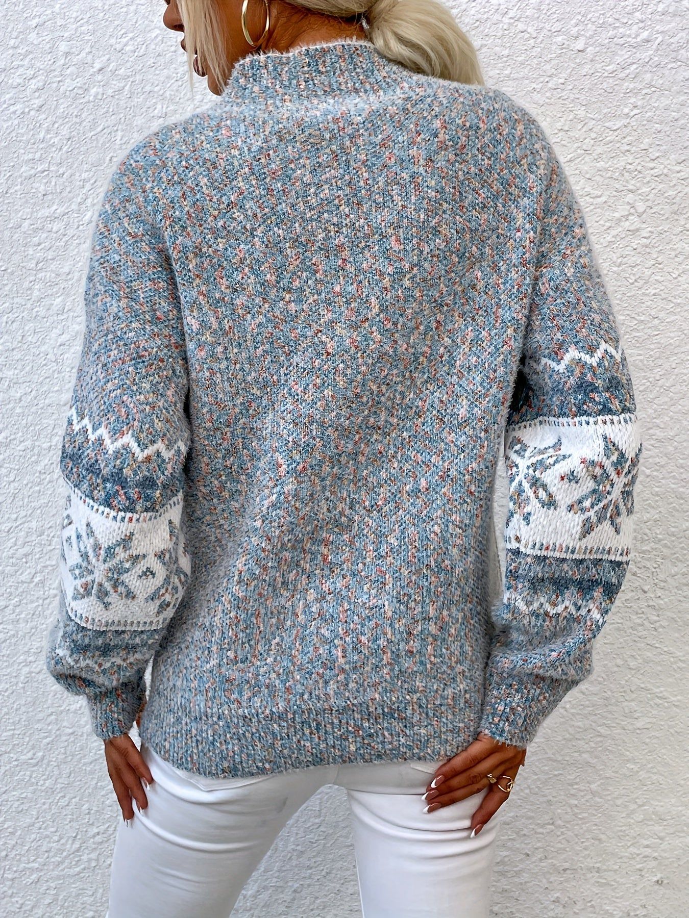 Women's Winter Half-Turtleneck Christmas Snowflake Sweater, Fashion Casual Warm Long Sleeve Top, Christmas Holiday Women's Clothing   OAXG Grey / S