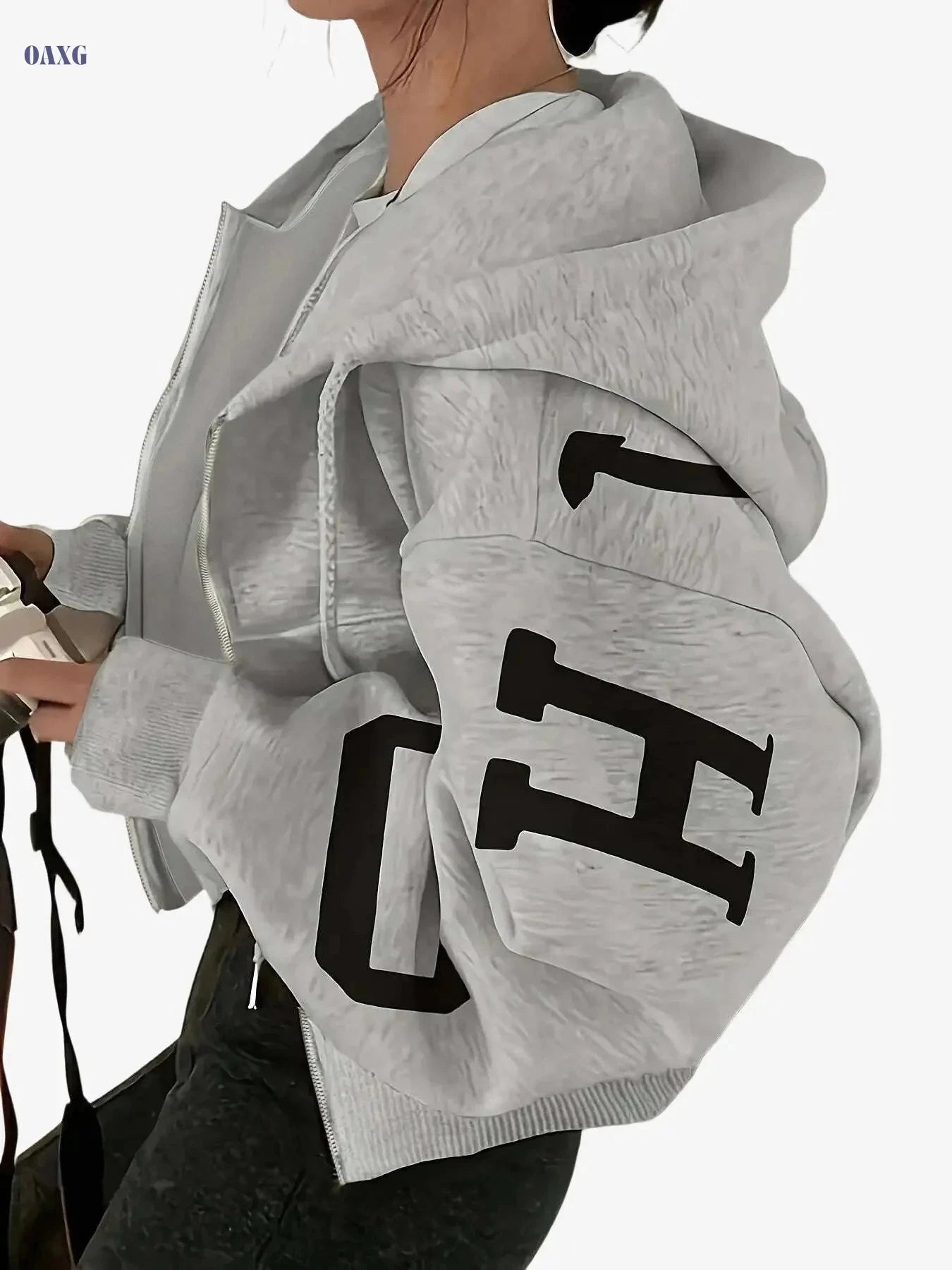 Women's Y2K Crop Zip-Up Hoodie - Light Gray & Blue Lettering   OAXG 