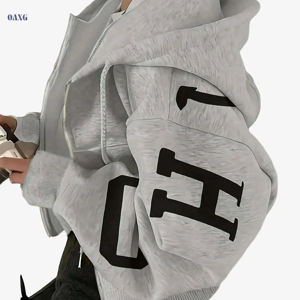Women's Y2K Crop Zip-Up Hoodie - Light Gray & Blue Lettering   OAXG 1.5 Gray / XS