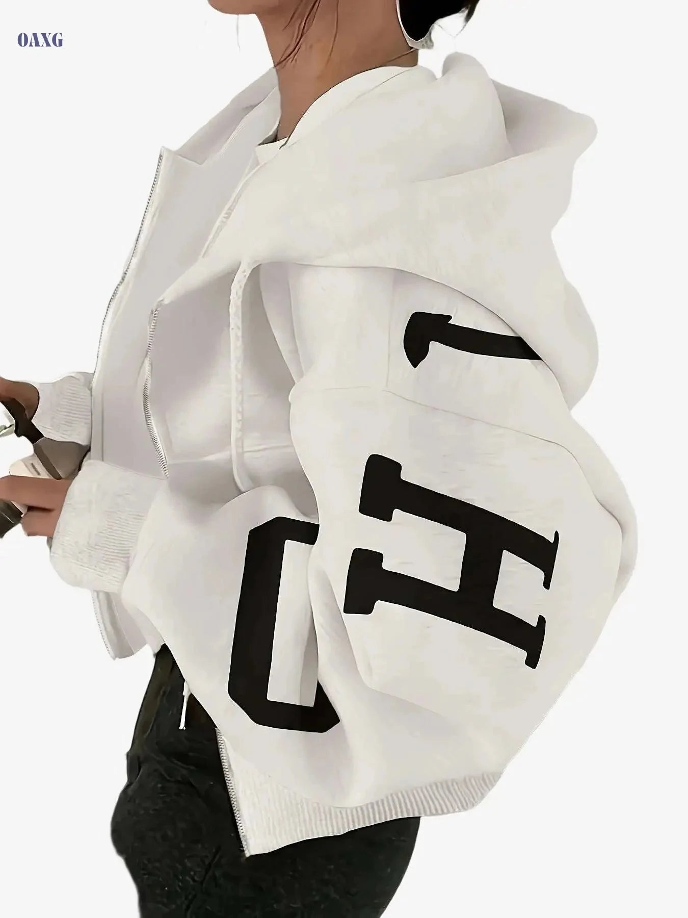 Women's Y2K Crop Zip-Up Hoodie - Light Gray & Blue Lettering   OAXG 