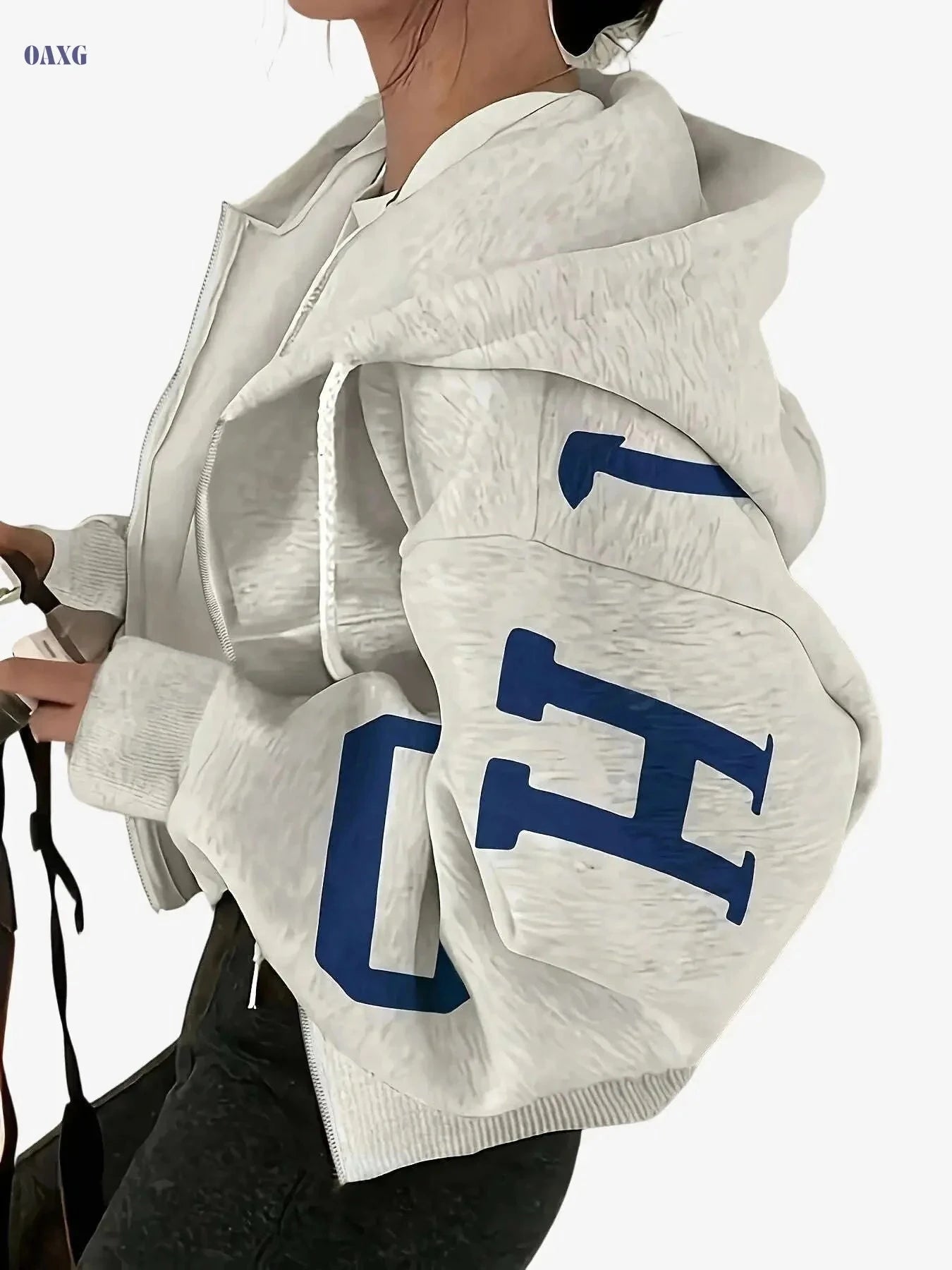 Women's Y2K Crop Zip-Up Hoodie - Light Gray & Blue Lettering   OAXG 