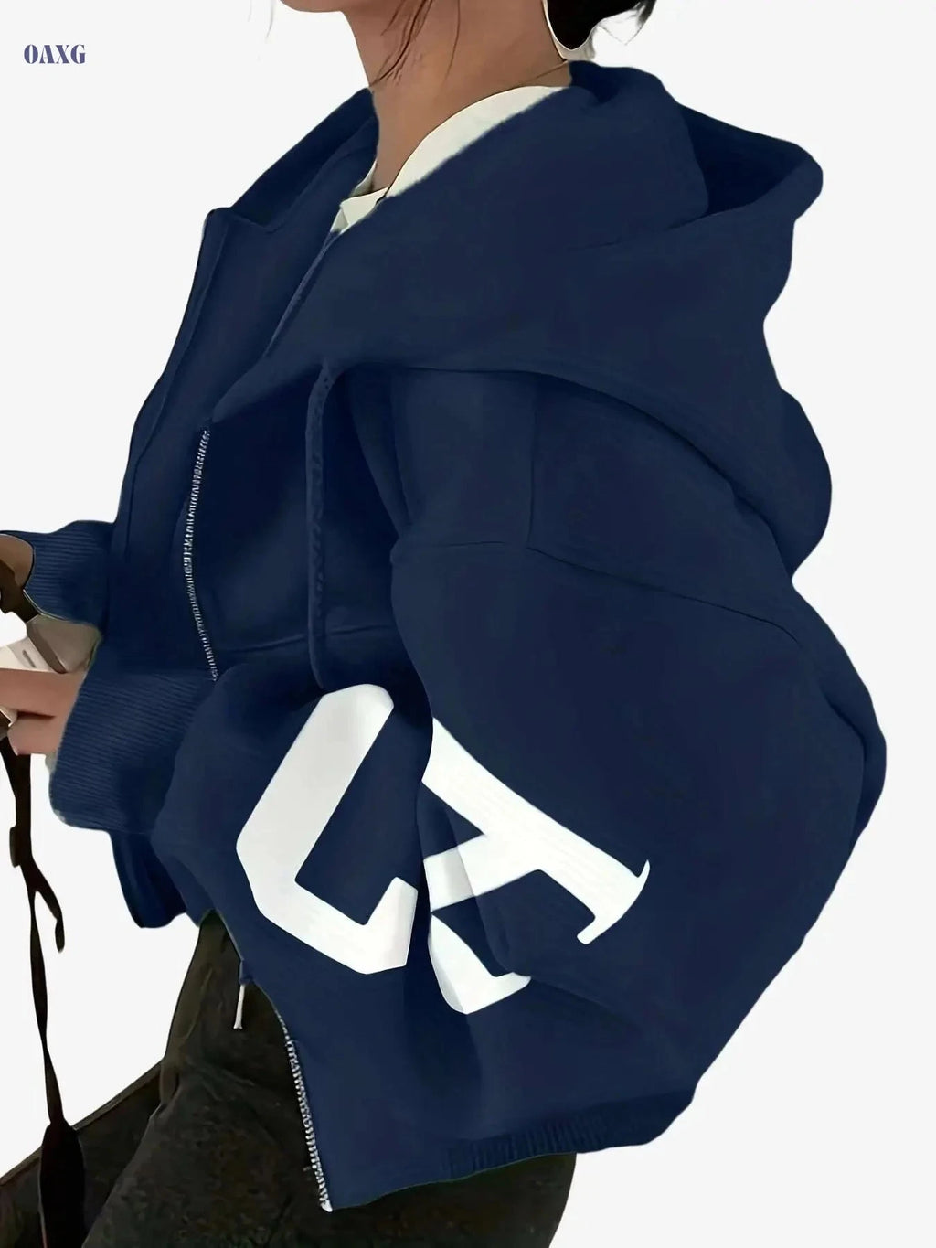 Women's Y2K Crop Zip-Up Hoodie - Light Gray & Blue Lettering   OAXG 