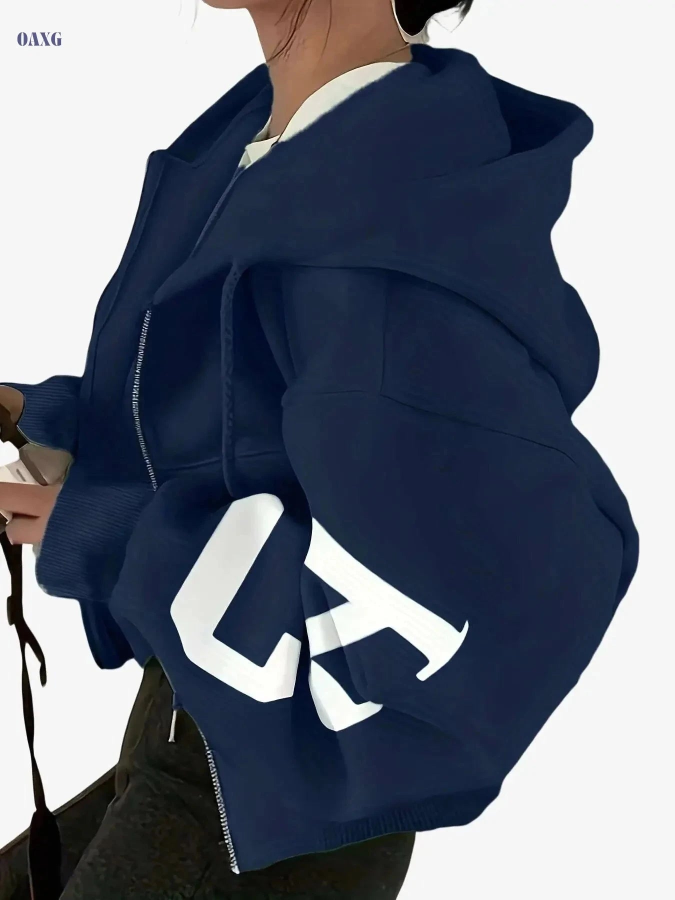 Women's Y2K Crop Zip-Up Hoodie - Light Gray & Blue Lettering   OAXG 