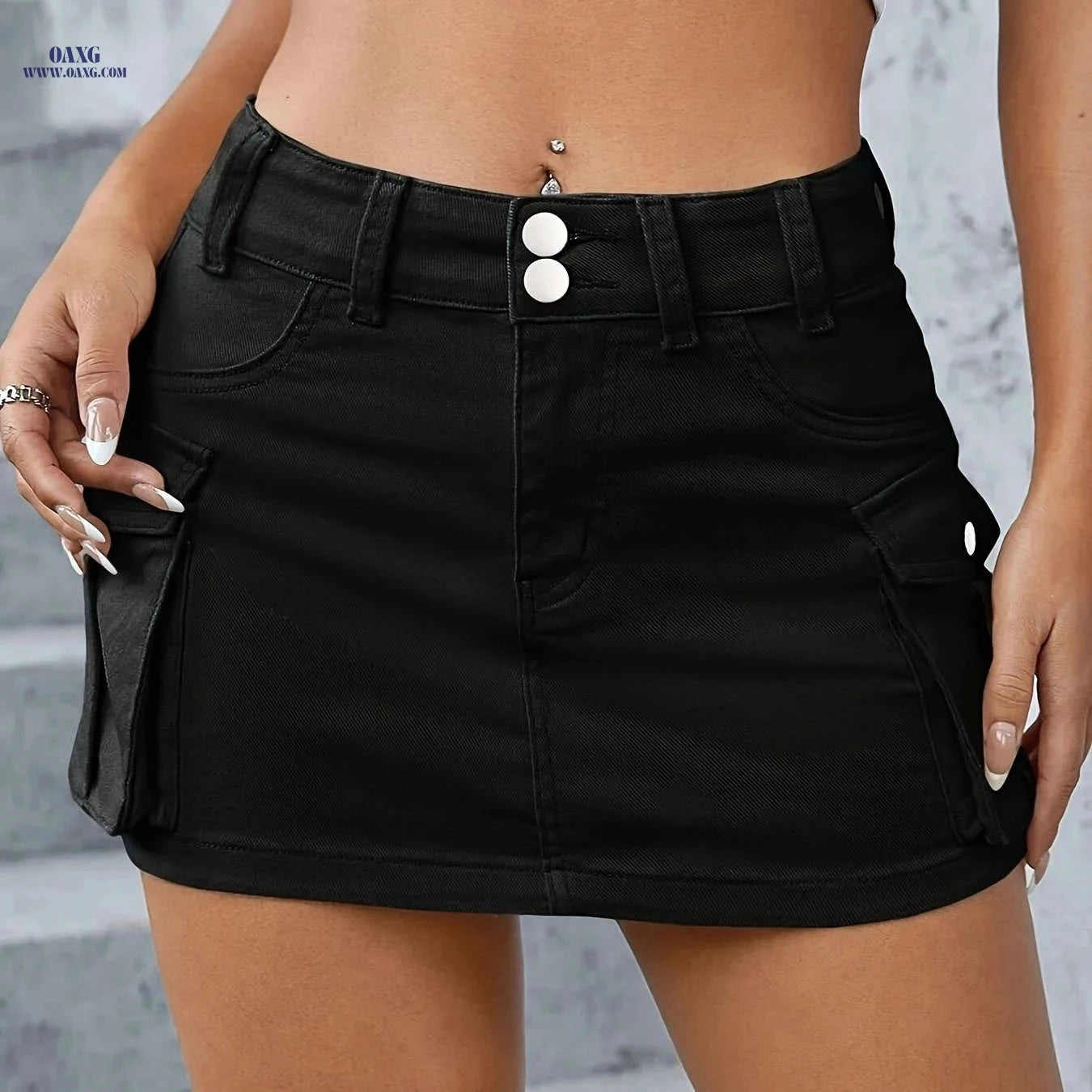 Women's Y2K Denim Mini Skirt - Double Button, Flap Pockets Style   OAXG 