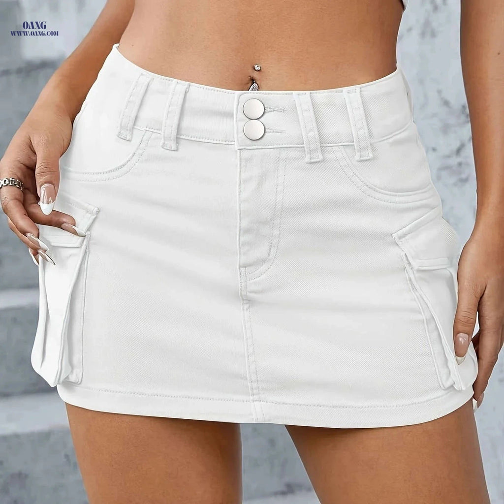 Women's Y2K Denim Mini Skirt - Double Button, Flap Pockets Style   OAXG 