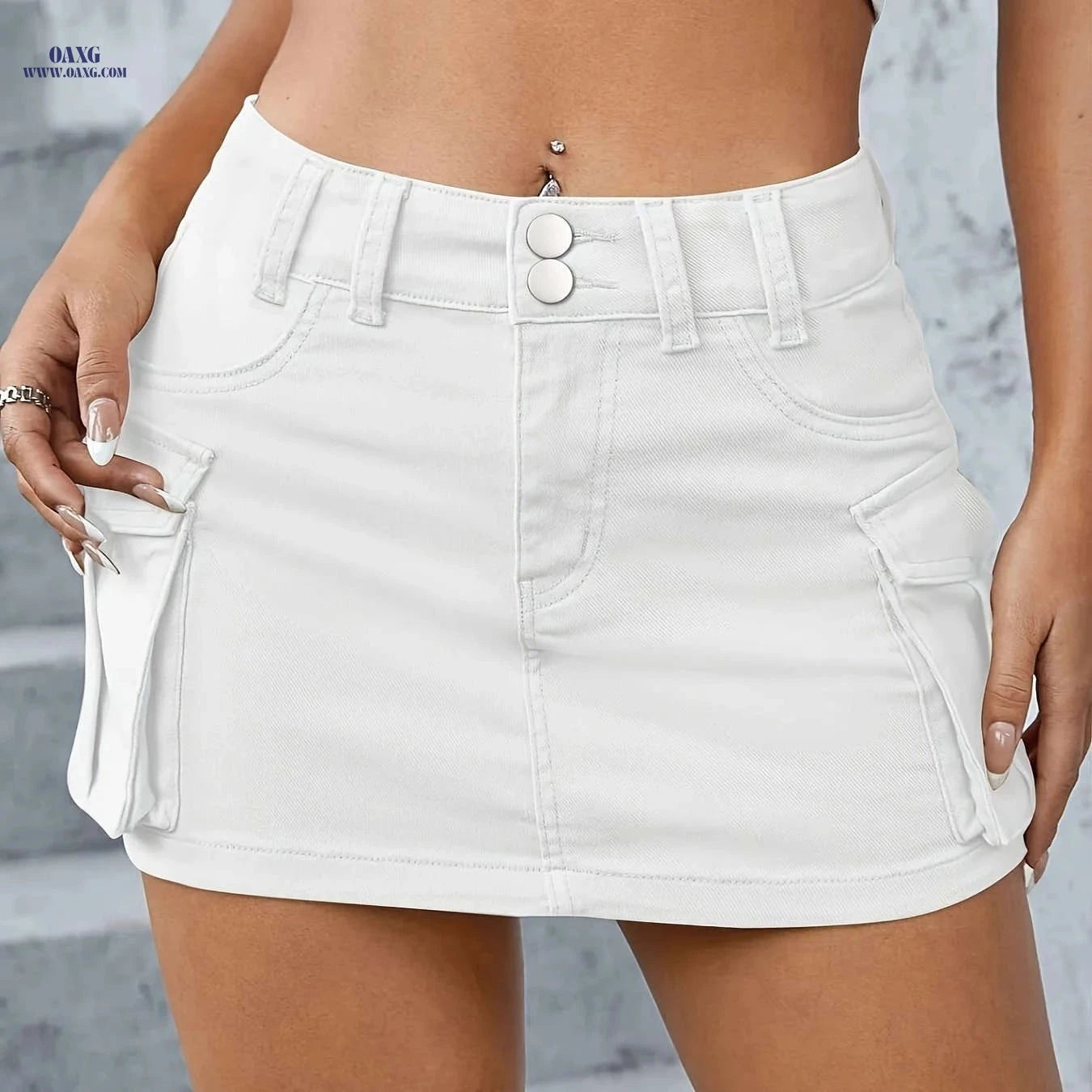 Women's Y2K Denim Mini Skirt - Double Button, Flap Pockets Style   OAXG 