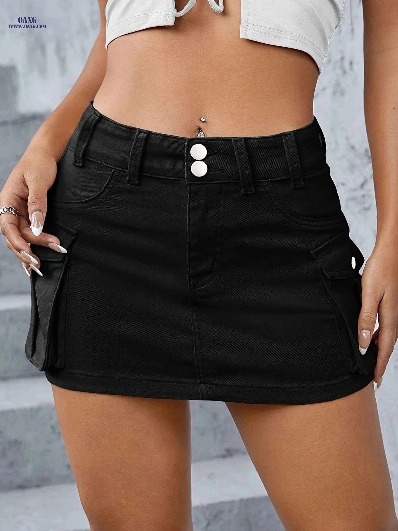 Women's Y2K Denim Mini Skirt - Double Button, Flap Pockets Style   OAXG White / XS