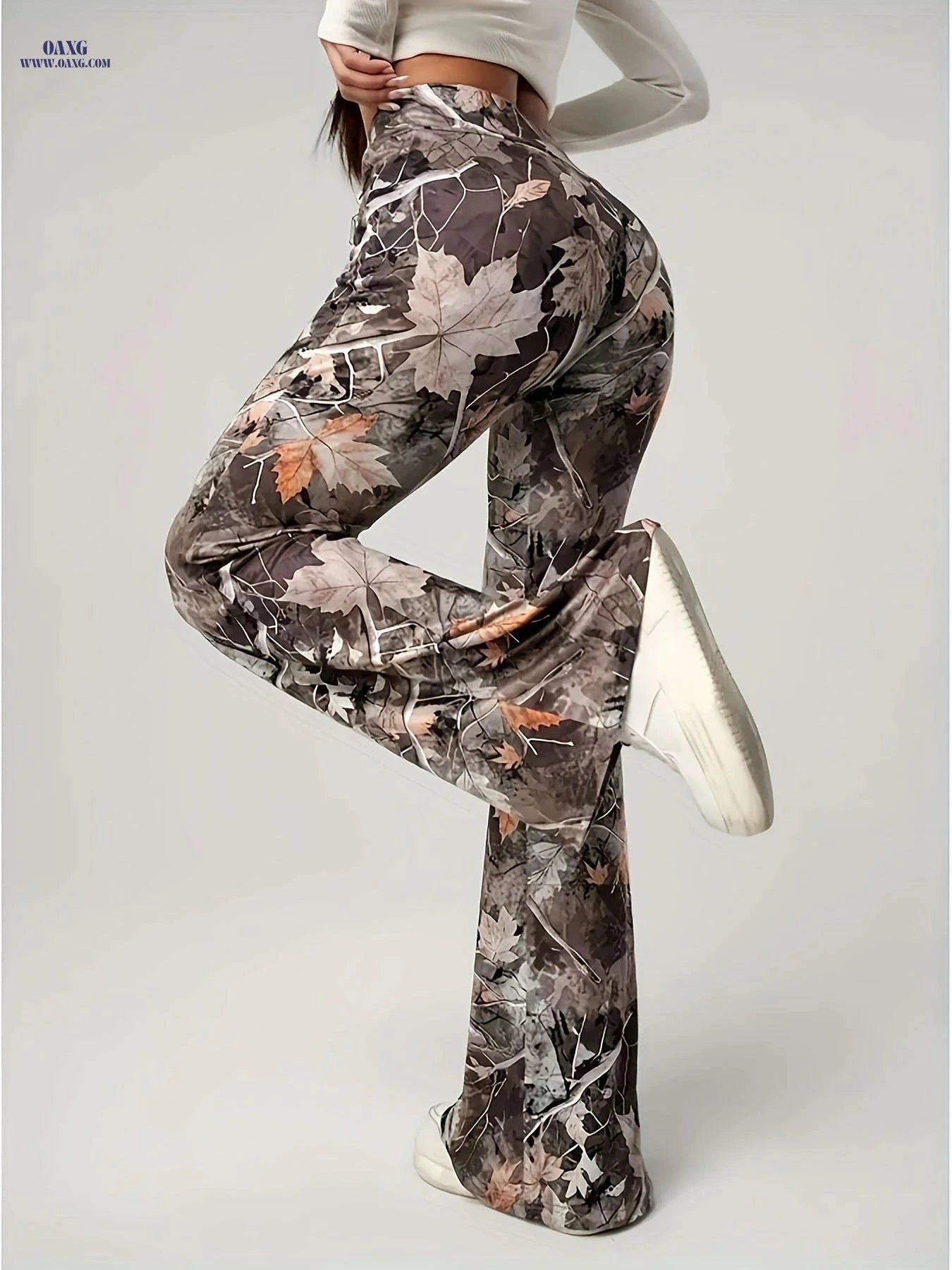 Women's Y2K High-Waisted Flare Pants - Camouflage Autumn Design   OAXG 【Multicolor】 / S