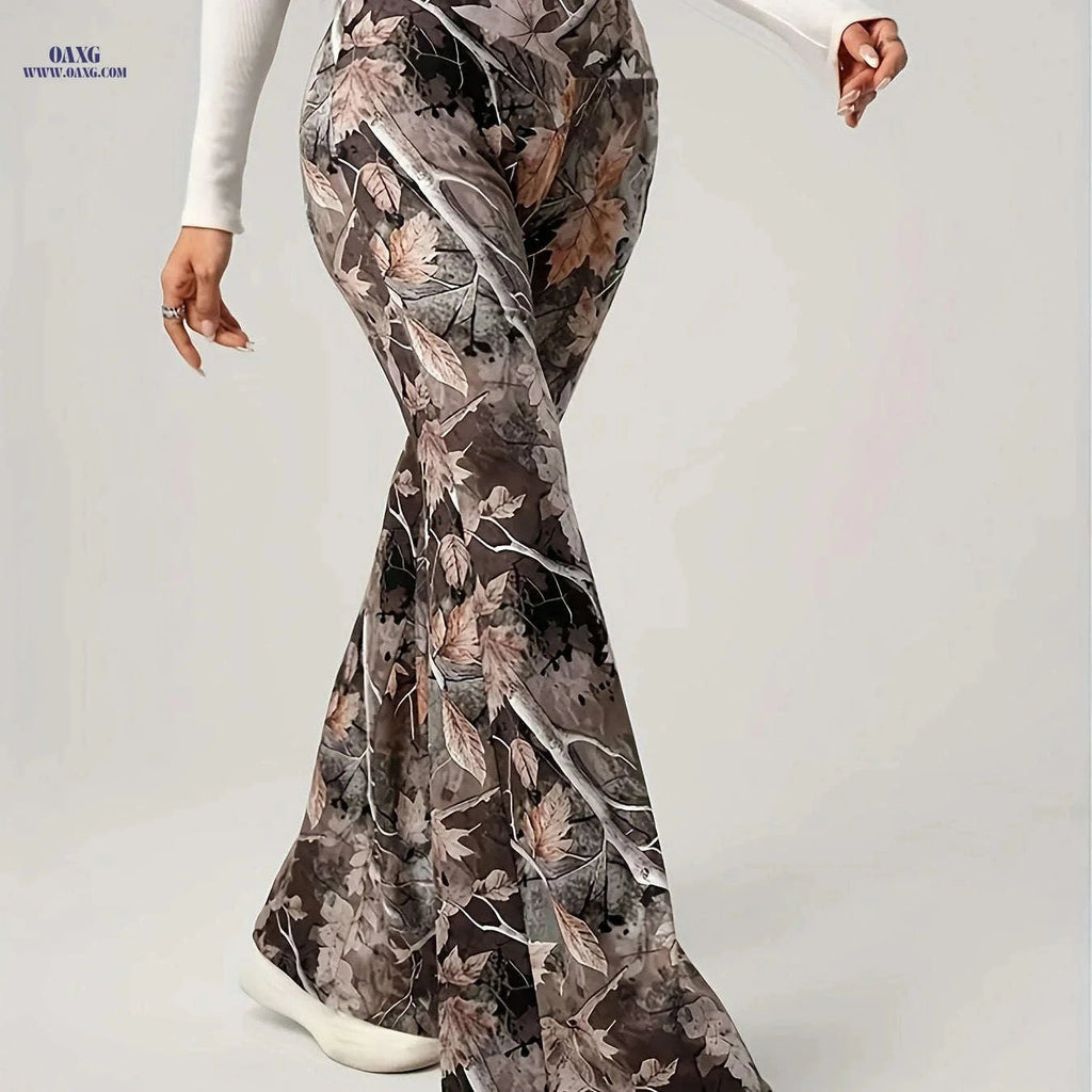 Women's Y2K High-Waisted Flare Pants - Camouflage Autumn Design   OAXG 【Multicolor】 / S