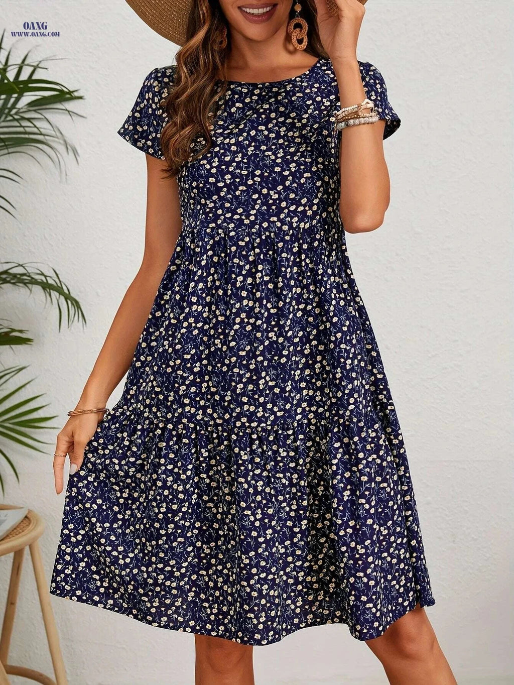 Women's Yellow Floral Dress - Short Sleeve, Knee-Length, Casual Style   OAXG 