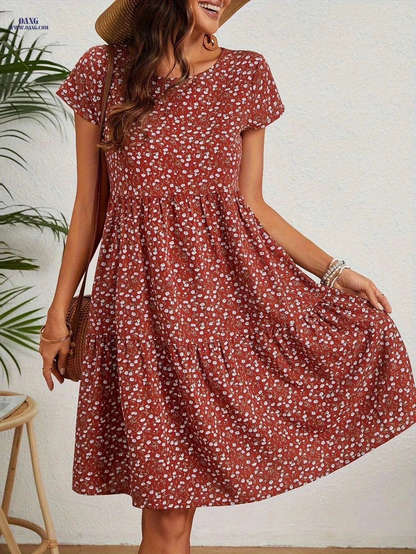 Women's Yellow Floral Dress - Short Sleeve, Knee-Length, Casual Style   OAXG Dark Cyan / S